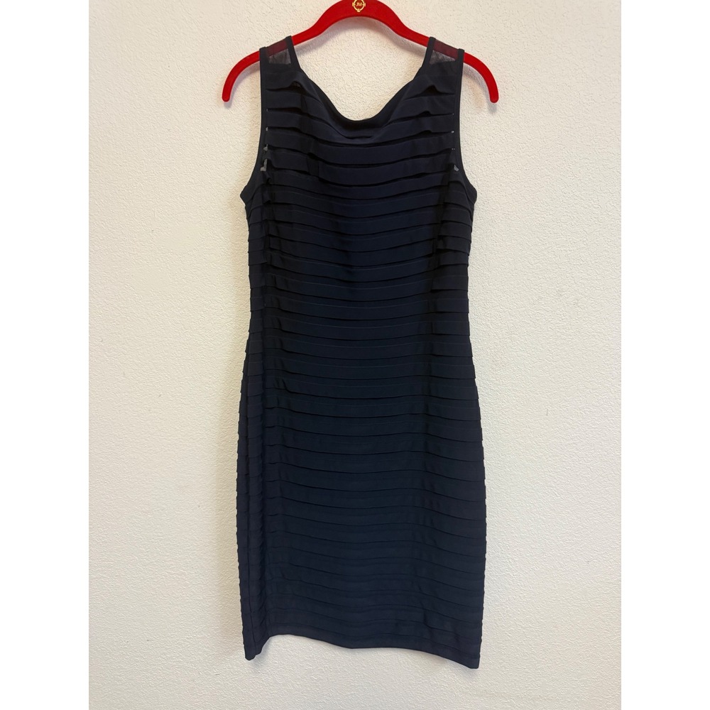 Adrianna Papell Black Mesh Ribbon Tiered Sheath Cocktail Dress Size 14